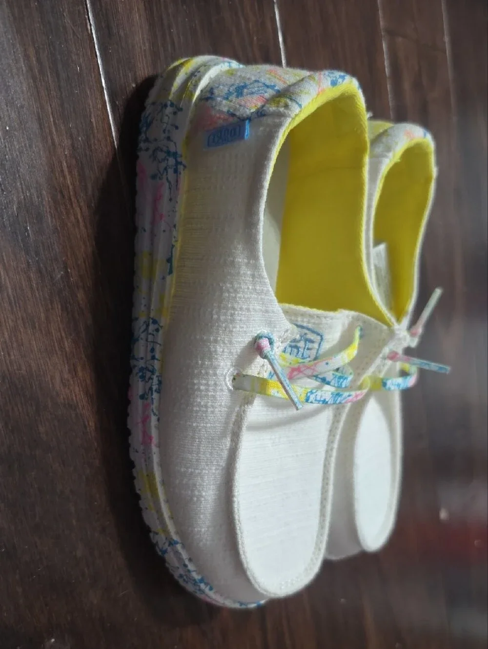Hey Dude Kids White Canvas Slip-Ons with Yellow Lining and Multicolor Trim